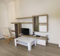 PRENÁJOM: HLAVNÁ - VOĽNÝ 2,5-izbový byt + kuchyňa, kúpeľňa, WC  - Obývacia izba v 3-izbovom byte s TV stenou a podlahou s dreveným dekorom.