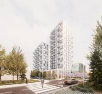 , 3-izbový byt s predzáhradkou, Brenner – Residence, Ružinov. - Výškové budovy s balkónmi a cestou v Bratislave - Ružinov na Mlynských nivách.