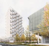 , 3-izbový byt s predzáhradkou, Brenner – Residence, Ružinov. - Výšková budova pri ulici Mlynské nivy v Bratislave-Ružinove s jesennými stromami.