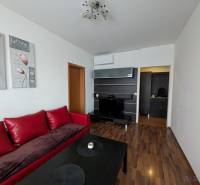 4-izb. byt na ul. Wolkrova, Petržalka, upravený na 2 bytové jednotky - Obývačka 4-izbového bytu s červenou sedačkou a podlahou s dreveným dekorom.