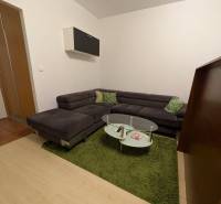 4-izb. byt na ul. Wolkrova, Petržalka, upravený na 2 bytové jednotky - Obývacia izba so sedačkou, skleneným stolíkom a podlahou s dreveným dekorom v 4-izbovom byte.