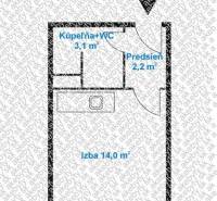 Garzónka, Jašíkova, Ružinov, pôvodný stav - Pôdorys garsónky s kúpeľňou, predsieňou a izbou na 14 m².