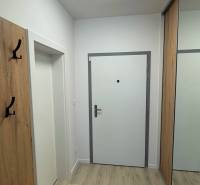 Novostavba 2,5-izb. bytu v NUPPU, garážové státie + vonkajšie státie - Vstupná chodba s bielymi stenami, zrkadlová skriňa, podlaha s dreveným dekorom, 2-izbový byt.