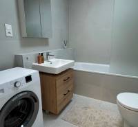 Novostavba 2,5-izb. bytu v NUPPU, garážové státie + vonkajšie státie - Kúpeľňa v 2-izbovom byte s vaňou, umývadlom, práčkou a skrinkou s dreveným dekorom.