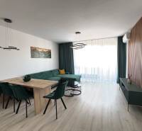 Novostavba 2,5-izb. bytu v NUPPU, garážové státie + vonkajšie státie - Obývacia izba v 2-izbovom byte s rohovou sedačkou a jedálenským stolom.