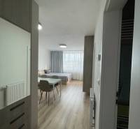 2-izb. byt Bystrická, Devínska Nová Ves, parking, pivnica - V 2-izbovom byte svetlý priestor s posteľou, stolom a drevenou podlahou.