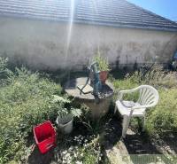 Trojizbový rodinný dom vhodný aj na chalupu v kľudnej časti obce Jatov - Záhrada v Jatove s pumpou, plastovou stoličkou a vedrom pri rodinnom dome.