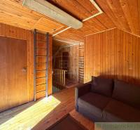 Chalupa - rodinný dom v krásnom prostredí – Moštenica, Banská Bystrica - Interiér chaty s obkladmi a podlahou s dreveným dekorom, pohovkou a rebríkom.