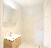 1-izb. byt v novostavbe v Ružinove, 4p./10 - Kúpeľňa v 1-izbovom byte s umývadlom a mramorovým vzorom na stenách.