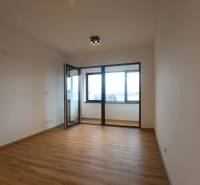 1-izb. byt v novostavbe v Ružinove, 4p./10 - Interiér 1-izbového bytu s podlahou s dreveným dekorom a veľkými oknami.