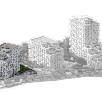 1-izb. byt v novostavbe Čerešne Living, Maríny Paulínyovej, Dúbravka - Vizualizácia komplexu bytových domov s bohatou zeleňou a parkovacími miestami v Bratislave-Dúbravke.