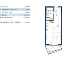 1-izb. byt v novostavbe Čerešne Living, Maríny Paulínyovej, Dúbravka - Pôdorys 1-izbového bytu s kuchyňou, balkónom a kúpeľňou. Celková plocha 38,50 m².