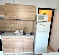 1-izb. byt, J.Stanislava, Karlova Ves, lodžia, 3.p./8 - Kuchyňa v 1-izbovom byte s dreveným dekorom a základným vybavením.