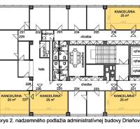 Kancelárie, Drieňová ul., Ružinov 25 m2 - Pôdorys administratívnej budovy na Drieňovej v Bratislave - Ružinov s kanceláriami.