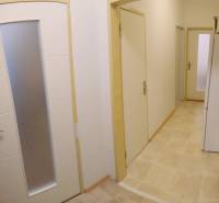 2-izb. byt pri Račianskom Mýte, balkón, 5.p./11 - Chodba v 2-izbovom byte s viacerými dverami a svetlou podlahou.