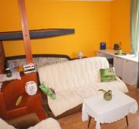 Veľký 1-izb. byt v tehlovom dome, Miletičova ul., Ružinov  - Obývacia izba v 1-izbovom byte s písacím stolom, pohovkou a podlahou s dreveným dekorom.