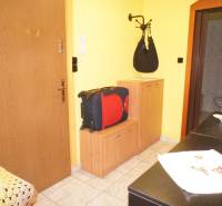 Veľký 1-izb. byt v tehlovom dome, Miletičova ul., Ružinov  - Vstupná chodba v 1-izbovom byte s vešiakom, skrinkami a kufrom na podlahe.