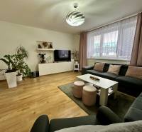 Na predaj: Priestranný rodinný dom v tichej lokalite obce Červeník - Obývačka v rodinnom dome s podlahou s dreveným dekorom, veľkou sedačkou a televíziou.