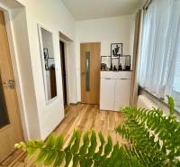 Na predaj: Priestranný rodinný dom v tichej lokalite obce Červeník - Interiér rodinného domu s podlahou s dreveným dekorom, bielou komodou a izbovou rastlinou.