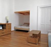 Predaj - štýlový 1,5i byt  v srdci Starého Mesta - Marianska, BA - Obývacia izba 2-izbového bytu s posteľou, skrinkou a podlahou s dreveným dekorom.