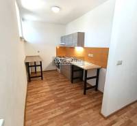Prenájom, dvojizbový byt Nováky - NOVOSTAVBA - Kuchyňa v 2-izbovom byte s podlahou s dreveným dekorom a oranžovým obkladom.
