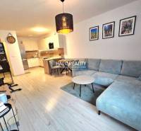 Predaj, dvojizbový byt Bratislava Podunajské Biskupi... - Obývačka s rohovou sedačkou, kuchyňou a podlahou s dreveným dekorom v 2-izbovom byte.