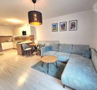 Predaj, dvojizbový byt Bratislava Podunajské Biskupi... - Obývacia izba v 2-izbovom byte s kuchynským kútom a podlahou s dreveným dekorom.