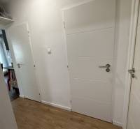 4 Izbový byt na Kríkovej ulici na predaj - Chodba v 4-izbovom byte s bielymi dverami a podlahou s dreveným dekorom.