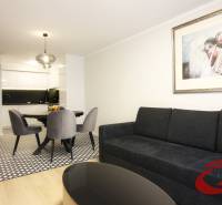 **SKVELÁ INVESTÍCIA**REZIDENCIA OPERA**KÚPELE TURČIANSKE TEPLICE** - Obývačka v 2-izbovom byte s kuchyňou, čierna sedačka, umelecký obraz, podlaha s dreveným dekorom.