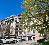 Nadstavba krásny 2,5 izb. byt, Dulovo námestie, Bratislava II. Ružinov - Bytový dom na Dulovom námestí v Bratislave - Ružinov so stromami a zaparkovanými autami.