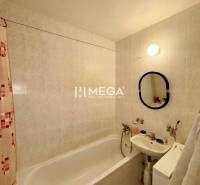 Na predaj veľký 3 izbový byt s balkónom v meste Humenné - Kúpeľňa v 3-izbovom byte so sprchovacím závesom, vaňou, umývadlom a práčkou.