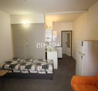 NA PRENÁJOM - Garsónka v pôvodnom stave na Sídlisku III v meste Humenn - Rekreačný apartmán s posteľou, kuchynským kútom a pohovkou, osvetlený lustrom.