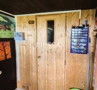 PREDAJ REKREAČNEJ CHATY NA DOMAŠI časť DOBRÁ - Drevené dvere v chate, s vešiakom na náradie a obrázkom koní na stene.