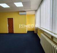 NA PRENÁJOM - kancelárske priestory v cente mesta Michalovce - Interiér kancelárie s modrým kobercom, žltými stenami a klimatizáciou.