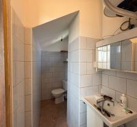 PREDAJ: Rodinný dom po rekonštrukcii /700 m2 pozemok/ Zemianska Olča - Kúpeľňa v rodinnom dome s umývadlom a toaletou, obložená svetlými dlaždicami.