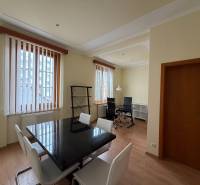 Prenájom kancelárie 33 m2 v centre Piešťan - Kancelárie s podlahou s dreveným dekorom, čiernym stolom a bielymi stoličkami.