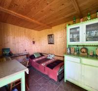 Na predaj: Ovocná záhrada v Leviciach - Drevený interiér záhrady s jedálenským stolom, pohovkou, skrinkou a dekoráciami.