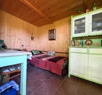 Na predaj: Ovocná záhrada v Leviciach - Interiér izby so zeleným nábytkom a drevenými stenami v Záhradách.