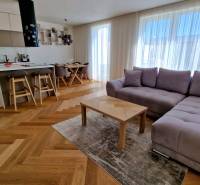 PRENÁJOM - 4 izbový rodinný dom, ktorý je súčasťou dvojdomu   - Obývacia izba v rodinnom dome s kuchynským kútom a podlahou s dreveným dekorom.