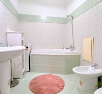 EXKLUZÍVNE, Štýlový 2i byt,, Hviezdoslavovo námestie, Staré.Mesto  - Kúpeľňa v 2-izbovom byte s bielymi a zelenými obkladmi na Hviezdoslavovom námestí.