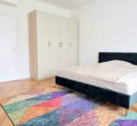 Pekný 3i byt, REKONŠTRUKCIA, KLÍMA, NIVY, Trenčianska ulica - Spálňa v 3-izbovom byte, ulica Trenčianska, obsahuje krb, farebný koberec a modernú posteľ.