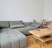 Pekný 3i byt, REKONŠTRUKCIA, KLÍMA, NIVY, Trenčianska ulica - Svetlý obývací priestor na ulici Trenčianska, vybavený pohodlnou pohovkou a dreveným stolíkom pre 3-izbový byt.