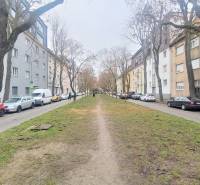 Pekný 3i byt, REKONŠTRUKCIA, KLÍMA, NIVY, Trenčianska ulica - Ulica Trenčianska s 3-izbovým bytom, autá parkované popri chodníku, stromy, sídlisko.