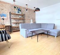 JEDINEČNÝ 2i byt, REKONŠT., 2 X .SAMOST.IZBA, Hviezdoslavovo nám.  - Obývacia izba v 2-izbovom byte s tehlovou stenou a podlahou s dreveným dekorom.