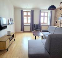 JEDINEČNÝ 2i byt, REKONŠT., 2 X .SAMOST.IZBA, Hviezdoslavovo nám.  - Obývacia izba v 2-izbovom byte, sivá sedačka, televízor, tehlová stena, podlaha s dreveným dekorom.