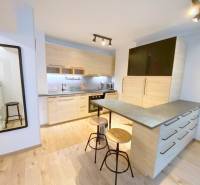 ŠTÝLOVÝ 2i byt, NOVOSTAVBA, BALKÓN, PARKIN, Paričková ulica, NIVY - Kuchyňa v 2-izbovom byte na Páričkovej s drevenými skriňami a barovým pultom.