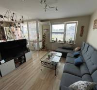 PREDAJ PRIESTRANNÉHO 3 IZB. BYTU NA MUŠKÁTE S GARÁŽOVÝM STÁTIM - Obývacia izba s podlahou s dreveným dekorom, šedou sedačkou a televízorom v 3-izbovom byte.