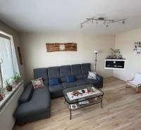 PREDAJ PRIESTRANNÉHO 3 IZB. BYTU NA MUŠKÁTE S GARÁŽOVÝM STÁTIM - Obývačka v 3-izbovom byte s pohovkou, dekoráciami a podlahou s dreveným dekorom.