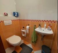 PREDAJ PRIESTRANNÉHO 3 IZB. BYTU NA MUŠKÁTE S GARÁŽOVÝM STÁTIM - Kúpeľňa v 3-izbovom byte s oranžovými obkladmi, vybavená toaletou a umývadlom.