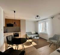 PRENÁJOM - 3-izbový krásny kompletne zrekonštruovaný byt - Mostná - Obývacia izba 3-izbového bytu so sedačkou, podlahou s dreveným dekorom a jedálenským stolom.